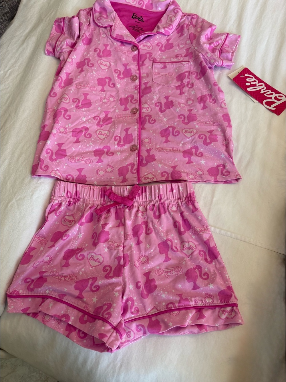 Barbie Pink Printed Girls Pajama Set with Heart & Silhouette Print NWT